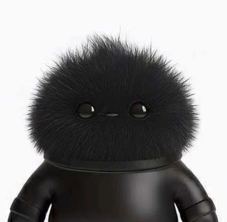 Nödo, das Maskottchen von Nömad: ein kleines schwarzes, flauschiges Wesen mit großen Augen.