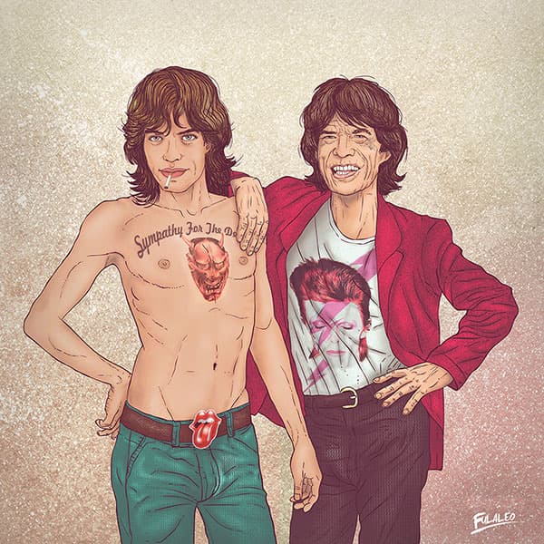 Ilustración de Fulvio Obregón mostrando a una figura famosa en su juventud y madurez